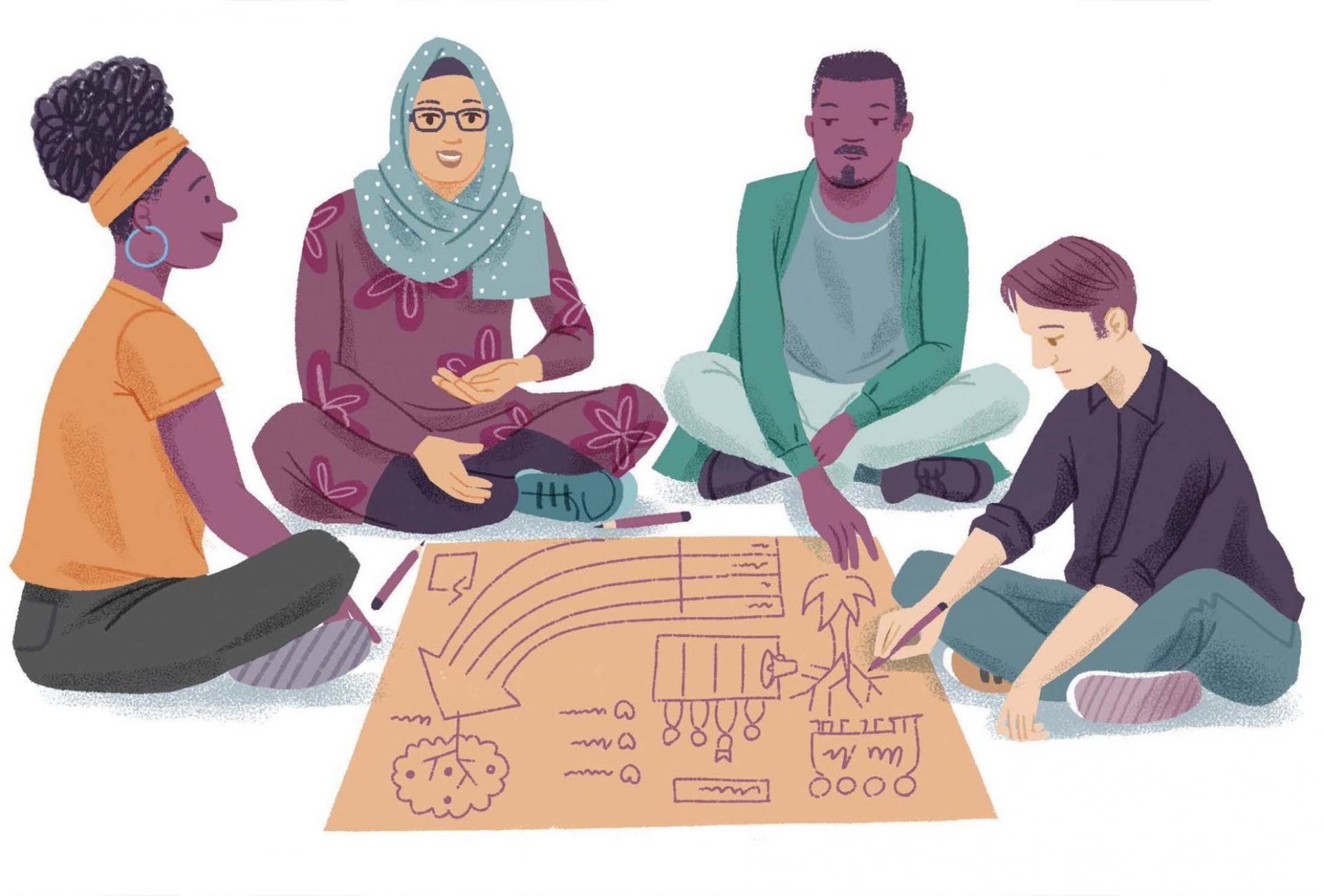 Local-Changemakers-Course-Four-people-sitting-around-a-large-piece-of-paper-scaled-1-aspect-ratio-1920-1300
